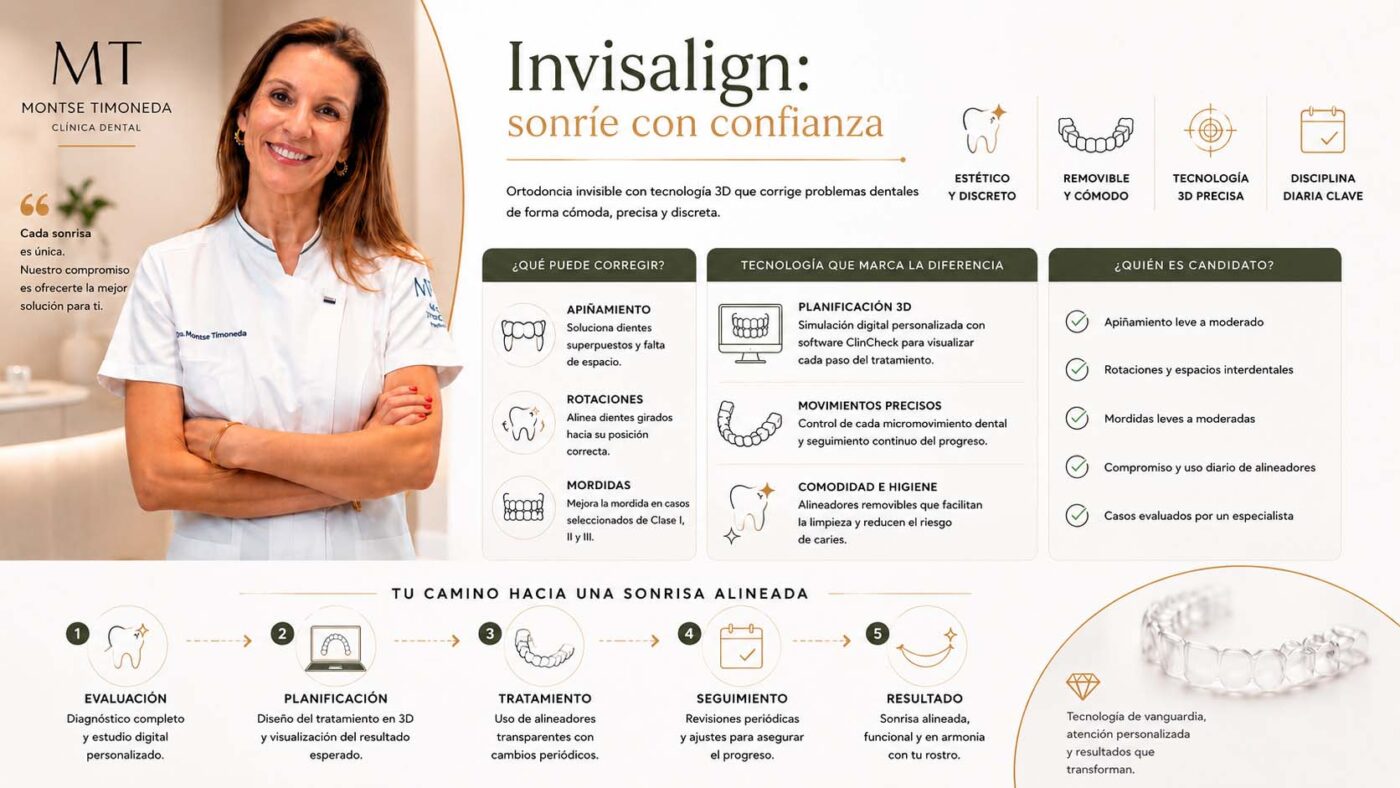 infografia de clinica dental montse timoneda en tarragona sobre el tratamiento de ortodoncia invisible o invisalign | Que problemas dentales puede corregir Invisalign Descubre si este tratamiento es adecuado para ti