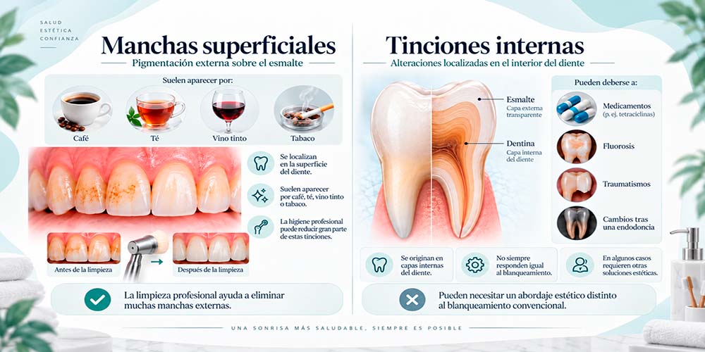 diferencia entre manchas superficiales e internas | Blanqueamiento dental o carillas que tratamiento elegir para mejorar tu sonrisa